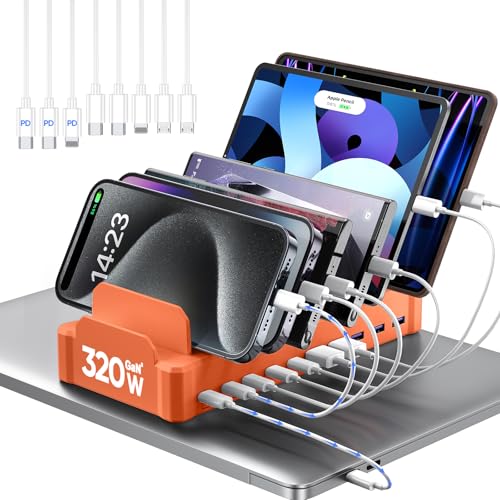 320W Charging Station for Multiple Devices, Zobirez 10-Port USB C Fast Charger Stations for MacBook, iPhone, Android Cell Phone, iPad, Tablet Family Multi-Device Organizer Charging Dock, Orange - color: Orange