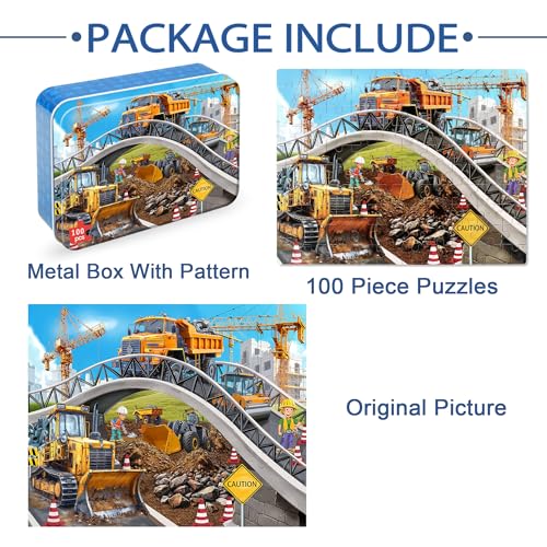 LELEMON Puzzles for Kids Ages 4-6,Construction Site 100 Piece Puzzles for Kids Ages 4-8 in a Metal Box,Educational Jigsaw Puzzles 100 Piece Puzzle Games Puzzle Toys for Girls and Boys - color: Construction Vehicle
