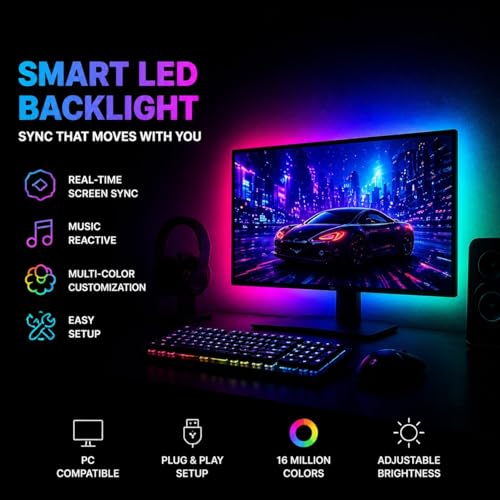 RGB Monitor Backlight with Screen Sync, Dual USB Powered Ambient Lighting Kit for 27 Inch Gaming Monitors, Music Mode, Immersive Dynamic LED Strip Lights for PC Setup (4 Sides - 27 inch) - size: 4 Sides - 27 inch