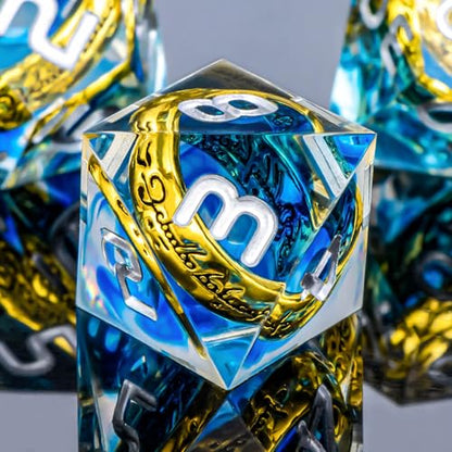 OUKELANWO Magic Lord Rings DND Dice Set with Box, 7Pcs Resin LOTR D&D Dice Set for Role Playing Game, Blue Dungeons Dragons D and D Sharp Edge Dice D20 D12 D10 D8 D6 D4 - color: Blue & White