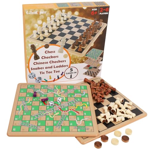 Glintoper 5-in-1 Wooden Board Game with 2 Reversible Boards for Chess, Checkers, Chinese Checkers, Snakes and Ladders, Tic Tac Toe, Tabletop Combo Classic Portable Board Games for Kids to Adult
