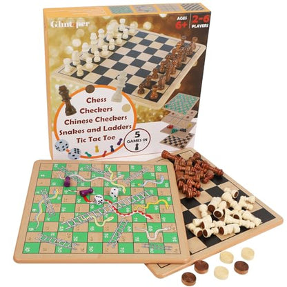 Glintoper 5-in-1 Wooden Board Game with 2 Reversible Boards for Chess, Checkers, Chinese Checkers, Snakes and Ladders, Tic Tac Toe, Tabletop Combo Classic Portable Board Games for Kids to Adult