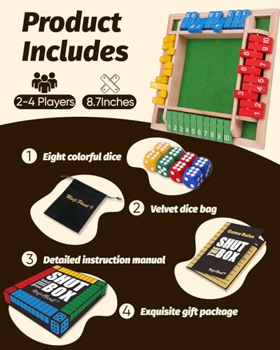 Classic Original Shut The Box Game Wooden Math Dice Board Game 2-4 Players | Table Games for Family Night Classroom Travel, Gifts for Group Kid Adult Senior, Camp Party Bar, Easy Quick and Fun - size: 8.7in