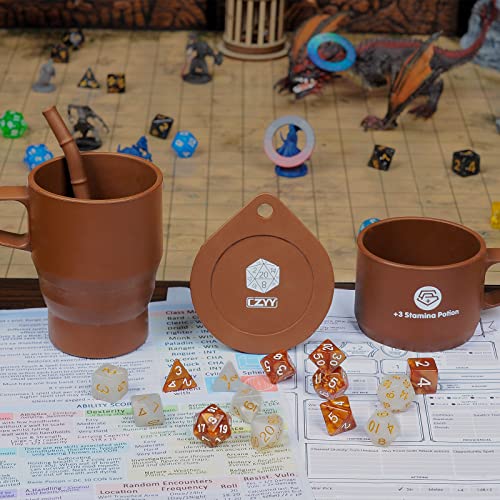 CZYY Coffee & Sugar Dice Set, 14 Acrylic RPG Dice with Silicone Cup Case | 2 Complete 7-Dice Sets, Coffee & Sugar Themes, Acrylic Resin, +3 Stamina Potion Silicone Mug Storage, Gift for RPG Players