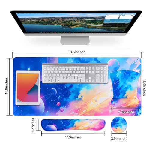 MEGREZ 4-in-1 Mouse Pad with Wrist Rest Ergonomic Memory Foam Desk Mat Set | ergonomic, anti-slip base, 4pcs set, desk pad, mouse wrist rest, keyboard rest, coaster, ideal for office & gaming - color: Colorful Interstellar