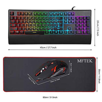 MFTEK RGB Rainbow Backlit Gaming Keyboard, XXL Extended Large Gaming Mouse Pad, LED Lighted Wired Gaming Mouse, Programmable Gaming Keyboard and Mouse Combo for Working
