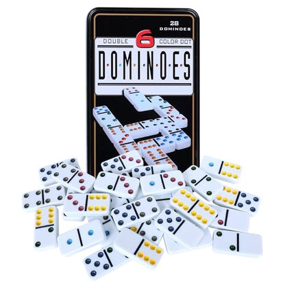 Offelec Double Six Dominoes Set | 28 Domino Tiles Double 6 Dominos with Storage Tin | Classic Family Game for Kids & Adults | Ideal for Travel, Game Nights & Educational Fun | 2-4 Players - color: Double 6 Dominoes