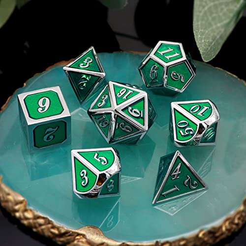 Haxtec Silver Emerald Green Metal DND Dice Set Enamel D&D Dice with Leather Dice Bag Compatible with Dungeons and Dragons TTRPG Gift for DND Lovers Players Masters - color: Silver Green