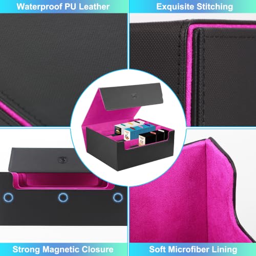 Trading Card Storage Box, Holds 1800 Sleeved Card, PU Magnetic Closure | 200 Toploaders and 600 Penny Sleeves INCLUDED, 10 Dividers and 6 Foam Stoppers INCLUDED, Fit for MTG, TCG and Sports Cards - color: Black and Fuchsia