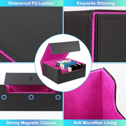 Trading Card Storage Box, Holds 1800 Sleeved Card, PU Magnetic Closure | 200 Toploaders and 600 Penny Sleeves INCLUDED, 10 Dividers and 6 Foam Stoppers INCLUDED, Fit for MTG, TCG and Sports Cards - color: Black and Fuchsia
