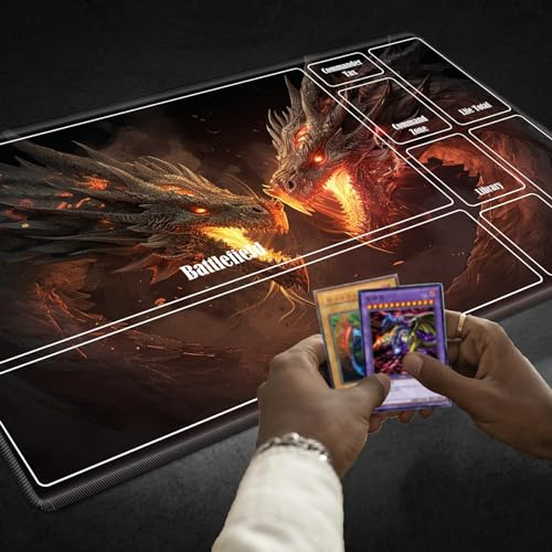 Board Game Mat TCG Playmat Plus 50 Pcs Card Sleeves, 24 x 14 inches Table Mats Games Mousepad with Zones Smooth Surface for MTG RPG CCG Trading Card Game Play Mats, Fierce Fire Dragon - color: Fierce Fire Dragon, size: Zone 1