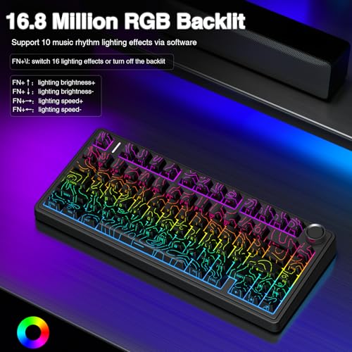 AULA F75 Pro Wireless Mechanical Keyboard with Knob,75% Hot Swappable Custom Gaming Keyboards,RGB Backlit,Pre-lubed Switches,Side Printed PBT Keycaps Creamy Sounding Computer Keyboard, Line Black - color: F75 Pro-Line Black