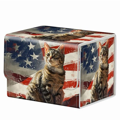 Strong Magnet Card Case Deck Box Mtg Card Box Playing Card Box Magic Deck Box Tcg Up to 200 Cards Creative Pattern Trading Card Storage Box for Collectible Card Games, Cute Cat And American Flag - color: Cute Cat And American Flag