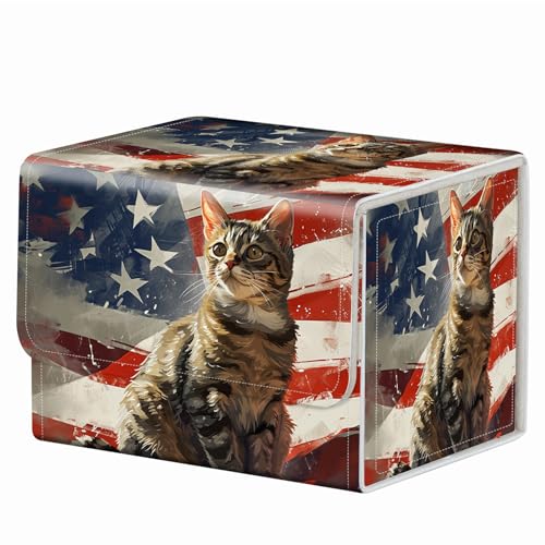 Strong Magnet Card Case Deck Box Mtg Card Box Playing Card Box Magic Deck Box Tcg Up to 200 Cards Creative Pattern Trading Card Storage Box for Collectible Card Games, Cute Cat And American Flag - color: Cute Cat And American Flag