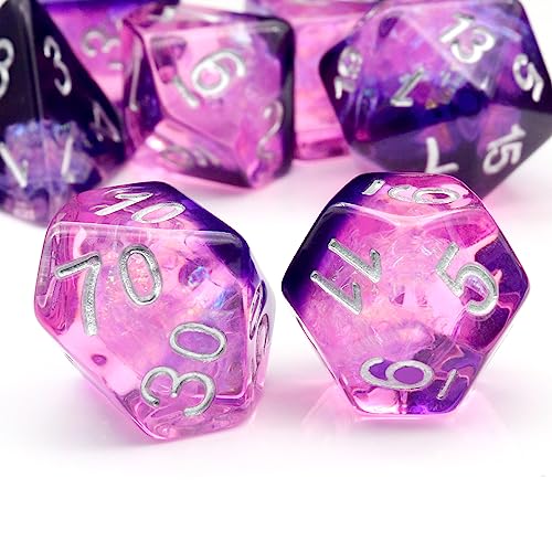 Haxtec DND Dice Set, 7 Pcs Purple Resin Polyhedral Dice for Table Games | Iridescent RPG Dice with Velvet Bag, D and D Dice, Rounded Edge, Compatible with Dungeons and Dragons, TTRPG Gifts - color: Purple