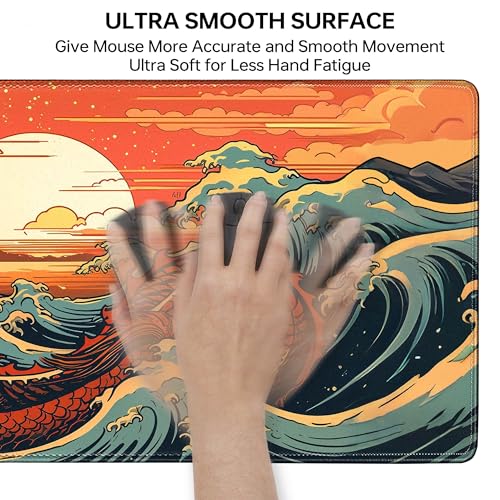 Wave Sea Dragon Gaming Mouse Pad,Anime Mouse Pad Gaming 31.5 x 11.8 in Mouse Mat Desk Pad,Extended Keyboard Pad Large Desk Mat Mousepad with Non-Slip Base and Stitched Edge for Home Office - color: Japanese Waves Sea Dragon