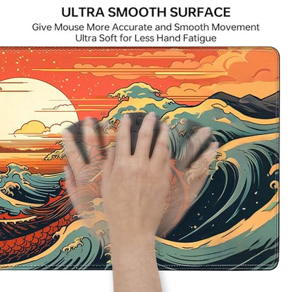 Wave Sea Dragon Gaming Mouse Pad,Anime Mouse Pad Gaming 31.5 x 11.8 in Mouse Mat Desk Pad,Extended Keyboard Pad Large Desk Mat Mousepad with Non-Slip Base and Stitched Edge for Home Office - color: Japanese Waves Sea Dragon