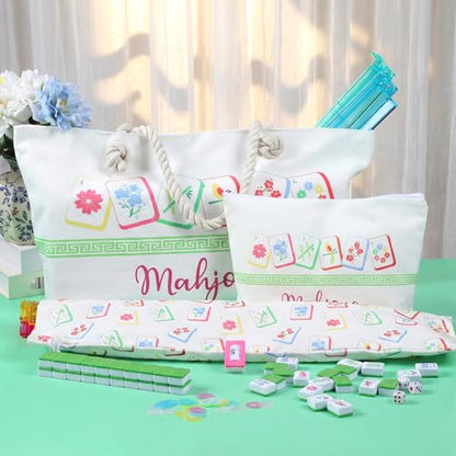 Ceenna American Mahjong Set Complete 160 Pcs Tile/Pushers/Carrying Bag/dice/Chips, 1.2 Inch Green Back Melamine Mahjong Tiles, Hand Carved Pattern for Adult Mah Jong, Beginners (Classic) - style: Classic