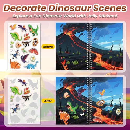Dinosaur Reusable Sticker Book for Toddlers, DIY Make-a-face Jelly Stickers | Make A Face & Scene Decoration Play, Washable and Reusable Jelly Stickers, Portable Travel Friendly, Airplane Trip Essentials - style: Dinosaur
