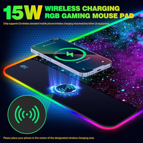 AIMSA Wireless Charging RGB Gaming Mouse Pad 15W, Extended LED Desk Mat Protector 800x300x4MM, 14 Light Modes Extra Large Mousepad Non-Slip Rubber Base Desk Mat, Galaxy Nebula Universe - color: Galaxy Nebula Universe