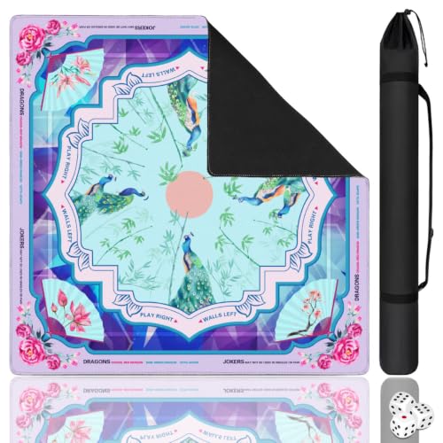 Blue Mahjong Mat for Table, 31.5*31.5in Anti Slip American Mahjong Table Cloth, Noise Reduction, Neoprene Mah jongg Mat with Carrying Bag & 3 Dices, Mahjong Set Gift for Board Tile Games Mats, Peacock - color: Blue02