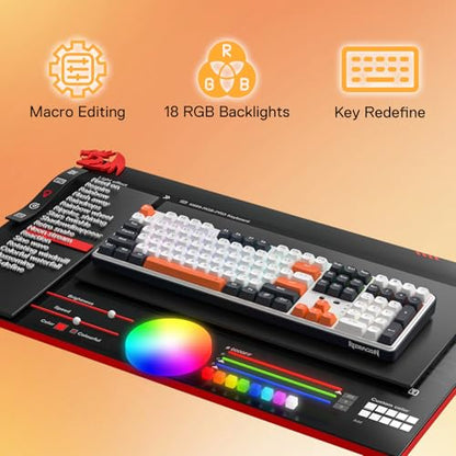 Redragon K689 PRO Wireless 108-Key Gasket RGB Gaming Keyboard, 4 Hotkeys | Extra Shortcut Keys, 0-Delay Tri-Mode, Cushioned Noise Dampening for Creamy Thocky Sound, Unfaded PBT Keycaps, PRO Software - color: Black Tangerine