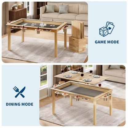 2-in-1 Solid Wood Convertible Board Game Dining Table with Storage | Removable Tabletop Leaves,Smart Storage Caddy,6 Cup Holders & Component Trays,Natural Walnut Finish,Multi-Purpose Household