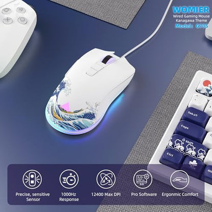 Womier Wired Gaming Mouse, 12400 DPI RGB Mouse with RGB Backlit | 7 Macro Buttons PC Gaming Mice Support DIY Keybinding, Gamer Computer Mice for Laptop PC Mac Windows(G705 Kanagawa) - color: White