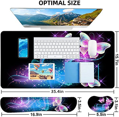 Large Mouse Pad with Wrist Rest, 4-in-1 Wrist Rest for Keyboard and Mouse | Non-Slip Waterproof Desk Mat Set, 35.4"x15.7" Desk Mat+Keyboard Wrist Rest+Mouse Wrist Support+Cup Coaster for Home Office - color: 4Pcs-Butterfly