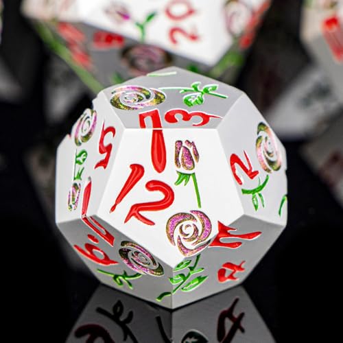 Gothic DND Dice Set Bleeding Rose Metal D and D Dice for use with Dungeons Dragons D&D Role Playing Game, Purple Red RPG Polyhedral Dice Set D20 D12 D10 D8 D6 D4 - color: Purple Red&silver&red Numbers