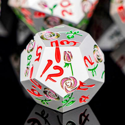 Gothic DND Dice Set Bleeding Rose Metal D and D Dice for use with Dungeons Dragons D&D Role Playing Game, Purple Red RPG Polyhedral Dice Set D20 D12 D10 D8 D6 D4 - color: Purple Red&silver&red Numbers