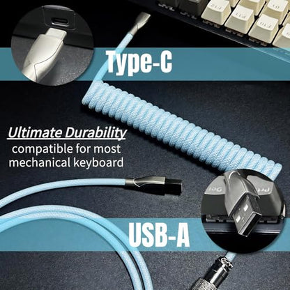 USB C Coiled Keyboard Cable,Custom 1.5ft Coil + 3ft Extension Mechanical Keyboard Cable with Detachable Metal Aviator,Nylon Braided USB C to USB A for Gaming Keyboard, PC,Computer Gamer & Enthusiasts - color: Blue