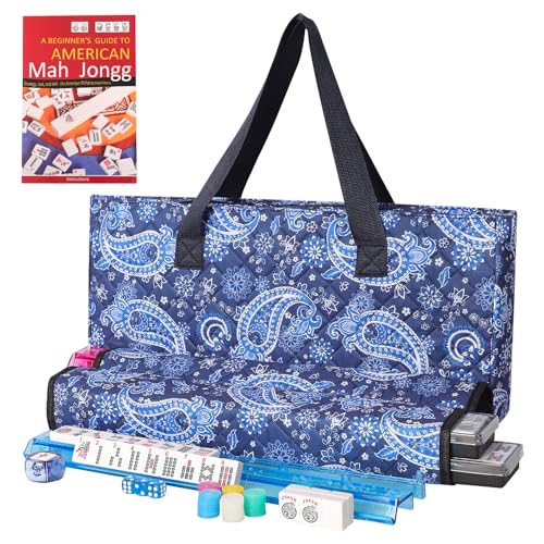 TIASUSAN American Mahjong Game Set, 166 White Tiles, Blue Printed Bag with Entire Accessories, 4 All-in-One Rack/Pushers, Mahjong Tiles Set - color: Blue