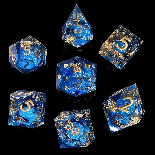 Liquid Core DND Dice Set, 7pcs Sharp Edge Dice for Role Playing Dungeons and Dragons Ttrpg with Gift Box, Handmade Resin D&D Dice RPG Role Playing Games Dice Set(Blue Gold) - color: Liquid-blue Gold
