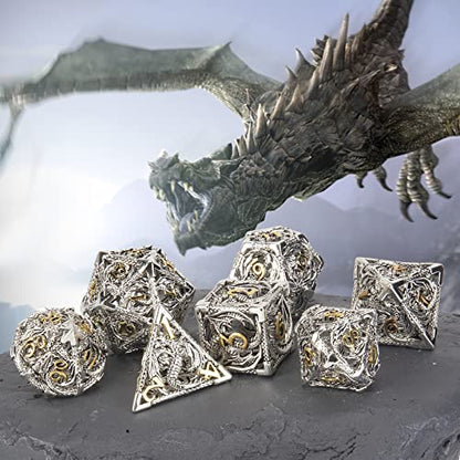 DND Dice,Hollow D&D Metal Dice,Dungeons and Dragons Dice Set with Gift Box,7 PCs Steampunk Polyhedral Dice Games Set for RPG,MTG,Pathfinder,(Dragon Silver Golden) - color: Dragon Silver Golden