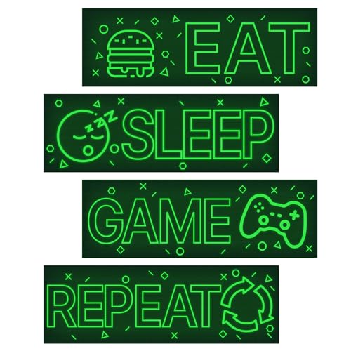 4 Pcs Glow in The Dark Neon Game Wall Stickers, Boys Gamer Room Wall Decals, EAT Sleep Game Repeat Gaming Wall Art Sticker, Kids Bedroom PlayRoom Nursery Party Decoration (Green) - color: Luminescent-043wscp-green