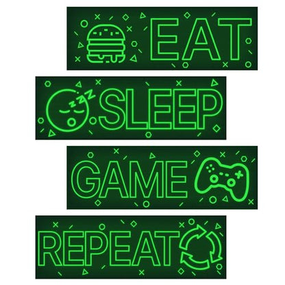 4 Pcs Glow in The Dark Neon Game Wall Stickers, Boys Gamer Room Wall Decals, EAT Sleep Game Repeat Gaming Wall Art Sticker, Kids Bedroom PlayRoom Nursery Party Decoration (Green) - color: Luminescent-043wscp-green