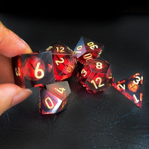 BESCON Dragon's Eye Sharp Edged Polyhedral Dice Set of 7, Handmade Dragon's Eye Dice for Role Playing Game - color: Red Eye Set