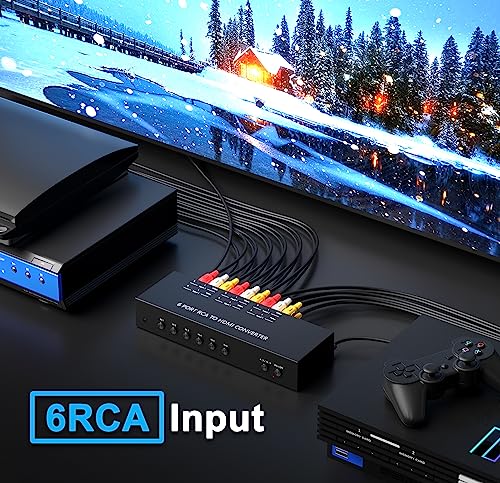6Port AV to HDMI Converter RCA/Composite/CVBS Adapter Support 16:9/4:3 Switch for Wii/N64/PS1/PS2/PS3/VHS/VCR/DVD Players etc (6Port RCA in to 1 HDMI Converter with IR Remote) - style: 6Port AV to HDMI Converter