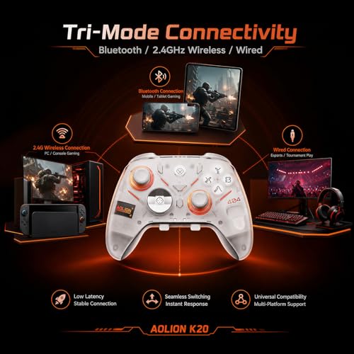 Aolion gaming K20 TMR Wireless Controller Compatible with Switch/PC/iOS/Android, TMR Precision Joystick, 1000Hz Polling Rate, Tri-Mode Bluetooth/2.4G/Wired Gamepad, RGB Charging Dock, Back Paddles - color: Red