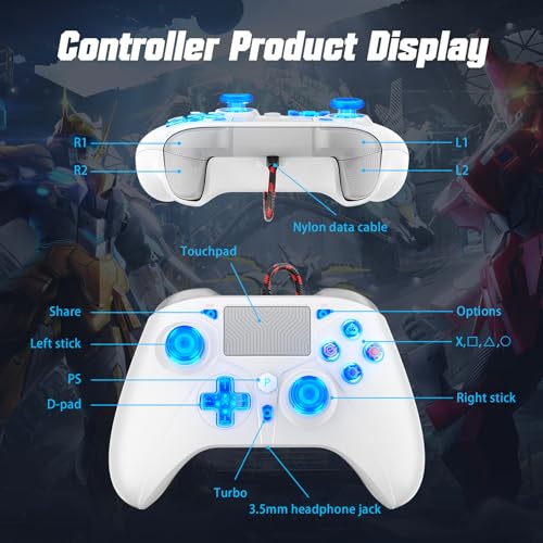 Gamrombo LED Wired Controller for PS5/PS5 Pro/PS5 Slim, Compatible withPS4/PC with 3.5mm Headphone Jack/Dual Vibration/Macro Function/Trubo Function, 10ft Cable