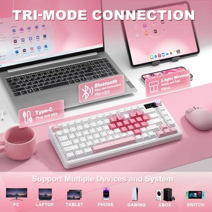 YUNZII B75 PRO MAX QMK/VIA Wireless Mechanical Keyboard | 75% Layout with Screen and Knob, Custom Hot Swap, Gasket, Creamy Switches, for Win/Mac (White Heart,Milk V2 Switch) - color: White Heart, size: Milk V2 Switch