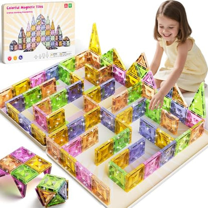 Clear Crystal Glitter Magnetic Tiles: Diamond Building Blocks for Kids | 60PCS Metal Storage Box, Compatible With Most Tile Sets, Strong Magnets, Ages 4-8, 60+ Mins Play Travel & Home Fun - style: Medium Magnetic Tiles - 60PCS