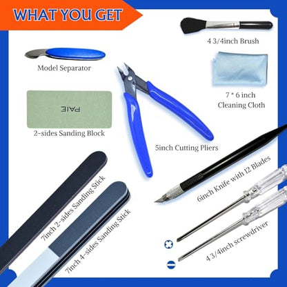 Gundam Model Tools Kit, 34pcs Hobby Tool Set, Pliers, Separator, Files, Screwdriver, Tweezers, Polishing Strip, Graver, Blades for Buildings, Gundam, Robots Models Minature