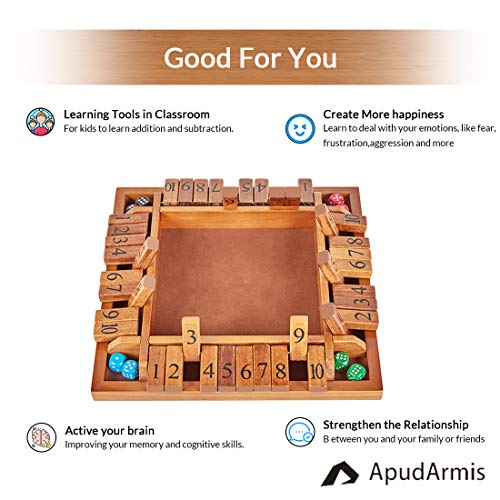 ApudArmis 4-Way Shut The Box, Large Wooden Board Game Set with Dice, 4 Ways Play Shut-The-Box for Teens Learning Addtion Adults Classroom Home Party Pub (12 in)