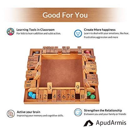 ApudArmis 4-Way Shut The Box, Large Wooden Board Game Set with Dice, 4 Ways Play Shut-The-Box for Teens Learning Addtion Adults Classroom Home Party Pub (12 in)