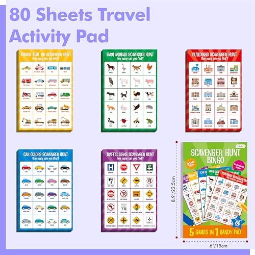 Road Trip Game Pad, 5 Games in 1 (Farm Animals, Car Colors, Buildings, Traffic Signs, Vehicles Scavenger Hunt Bingo), Pen Pencil Paper Game, Plane Trip/ Car Travel/Getaway Activity Pad for Kid, Adult - style: Scavenger hunt bingo
