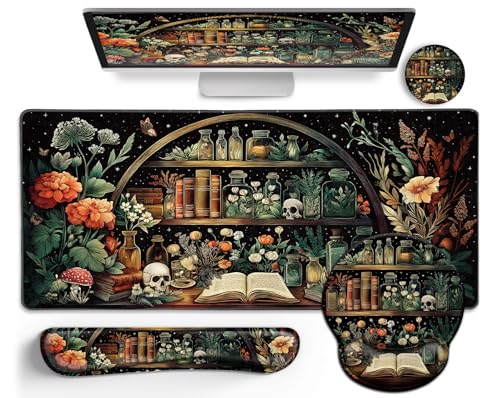 LIMKRIAN Goth Skull Mouse Pad Set Large Desk Mat for Desktop Decor | Ergonomic Mouse Pad with Wrist Rest for Gaming, Keyboard Mat Wrist Support, Coaster, Gothic Office Desk Accessories Supplies - color: XXL-Goth Skull