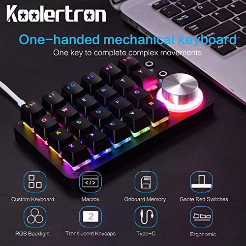 Koolertron 24 Keys Programmable Keyboard，One Handed Macro Mechanical Keyboard, RGB LED Backlight Red Switch USB Portable Keyboard with Fully Knobs, 24 Keys Macro Pad for Gaming - style: 24 Keys/Red switches/RGB Backlight