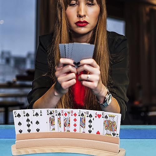 Gadpiparty Wooden Playing Card Holder Tray Curved Double Row Wooden Card Stand for Seniors and Adults 13.97 Inch Base Pallet Rack for Games